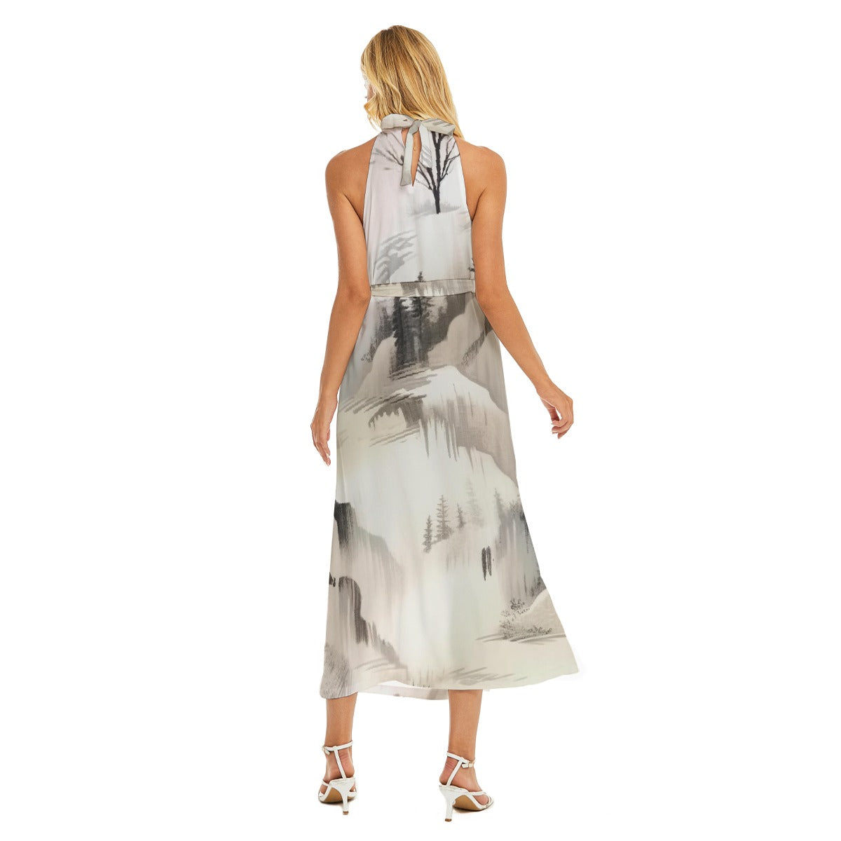 All-Over Print Women's Wrap Hem Belted Halter Dress