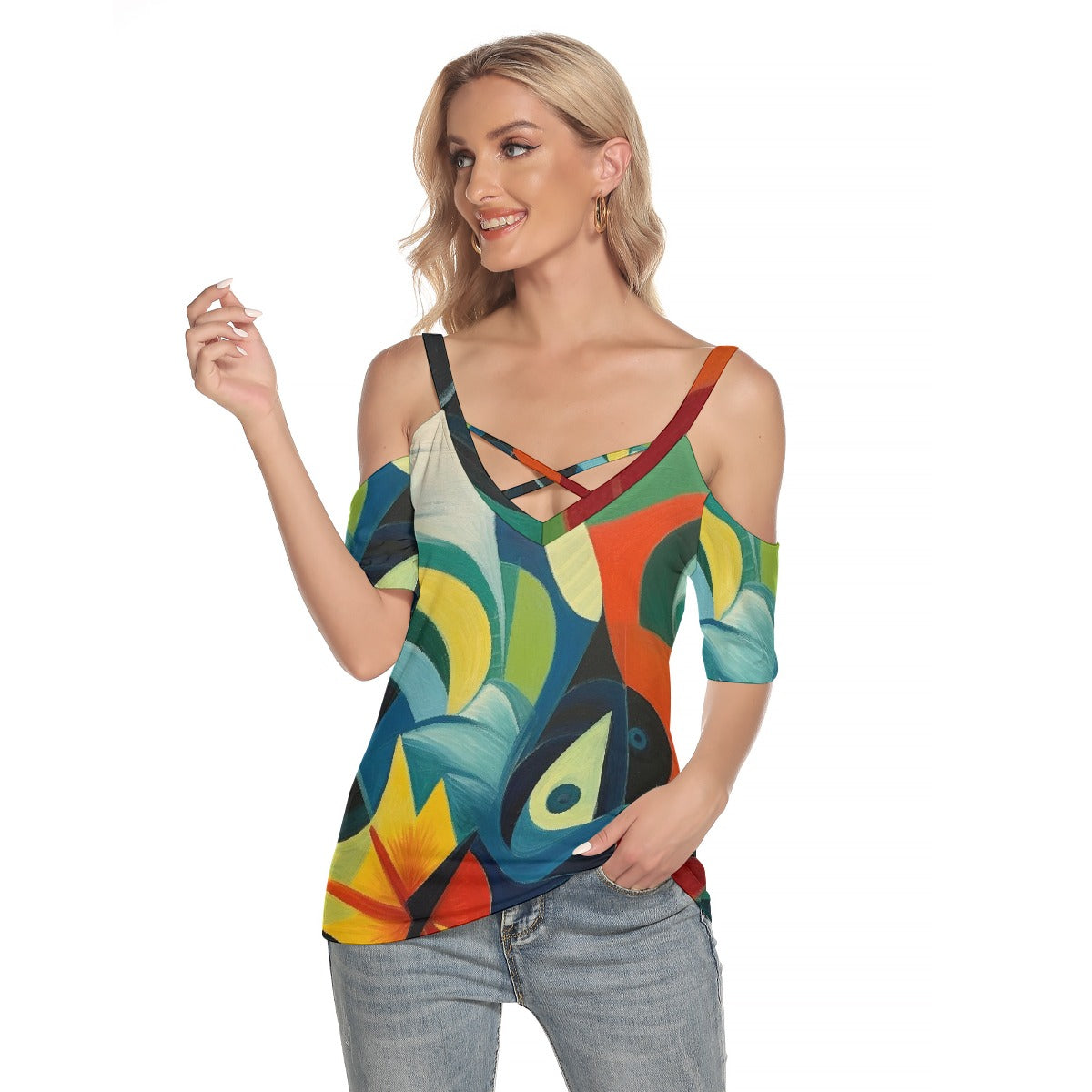 All-Over Print Women's Cold Shoulder T-shirt With Criss Cross Strips