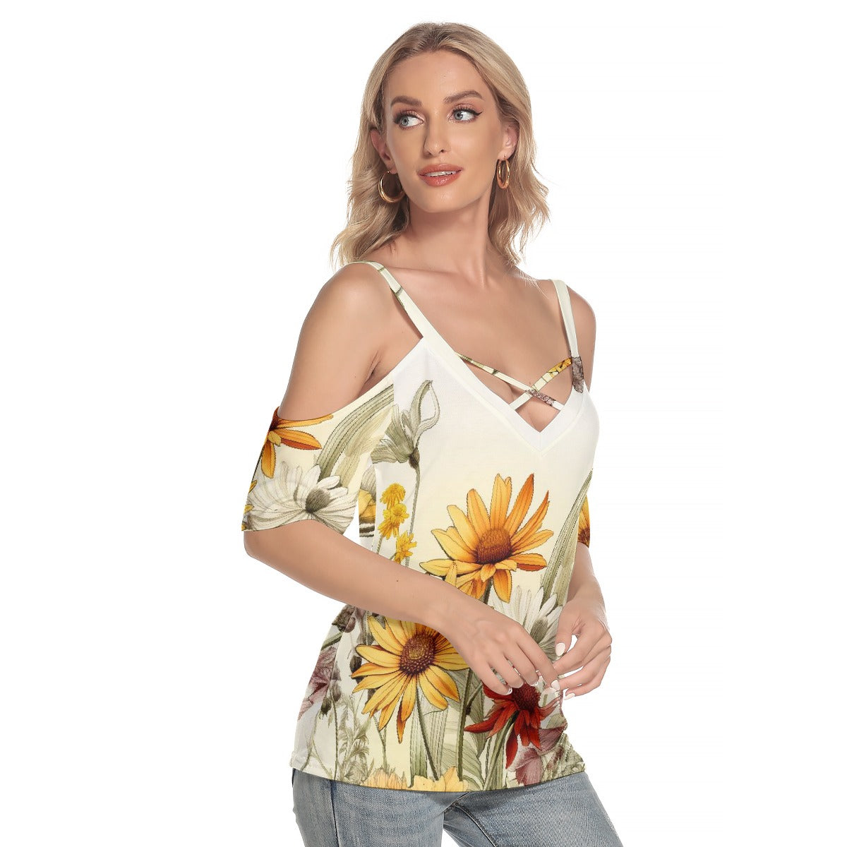 All-Over Print Women's Cold Shoulder T-shirt With Criss Cross Strips