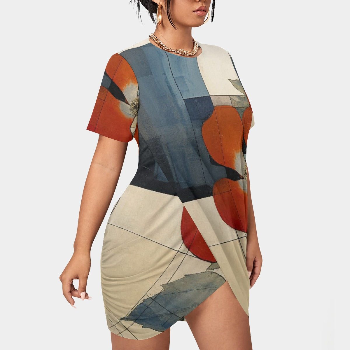 All-Over Print Women’s Stacked Hem Dress With Short Sleeve（Plus Size）