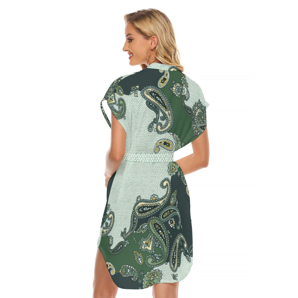 All-Over Print Women's Stand-up Collar Casual Dress With Belt