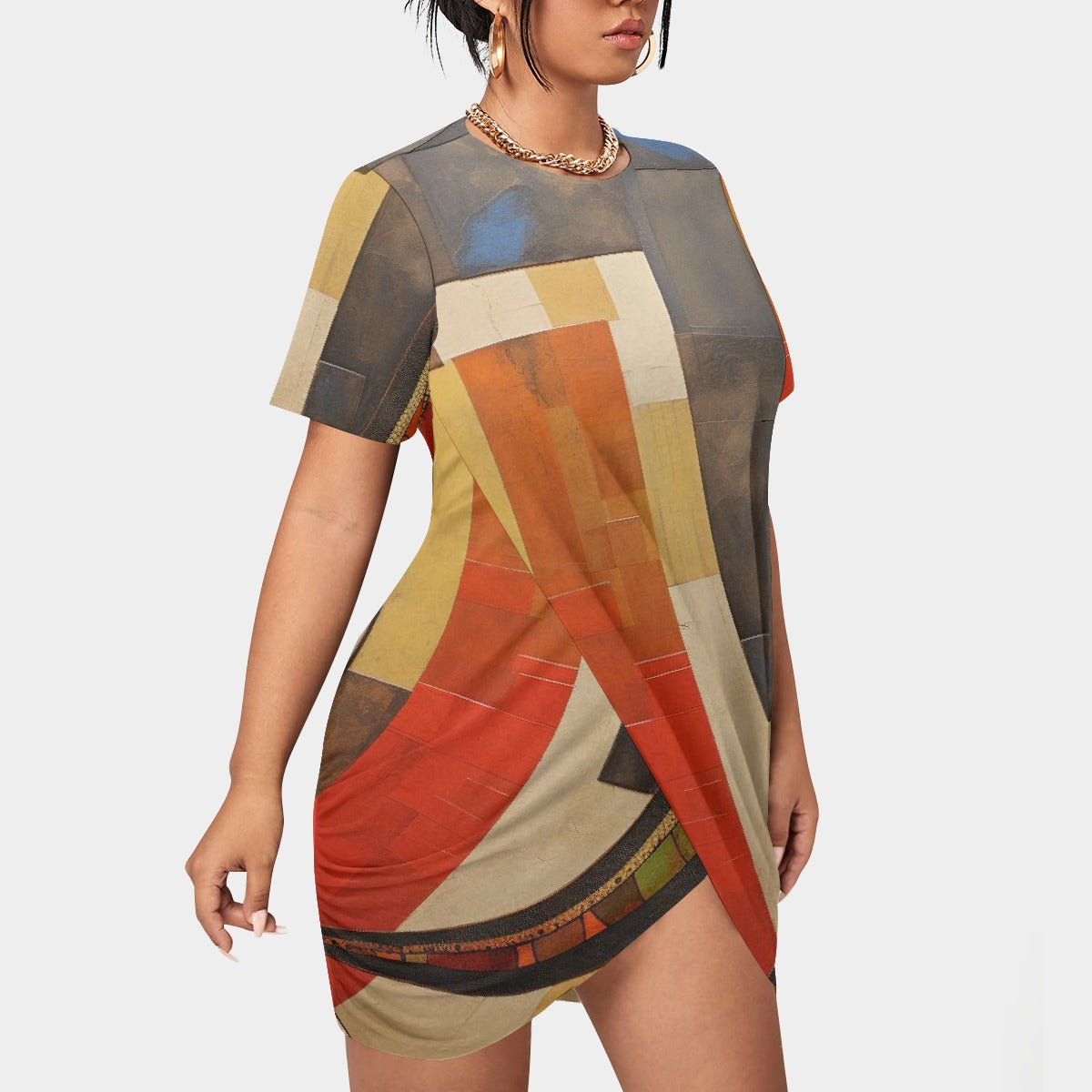 All-Over Print Women’s Stacked Hem Dress With Short Sleeve（Plus Size）