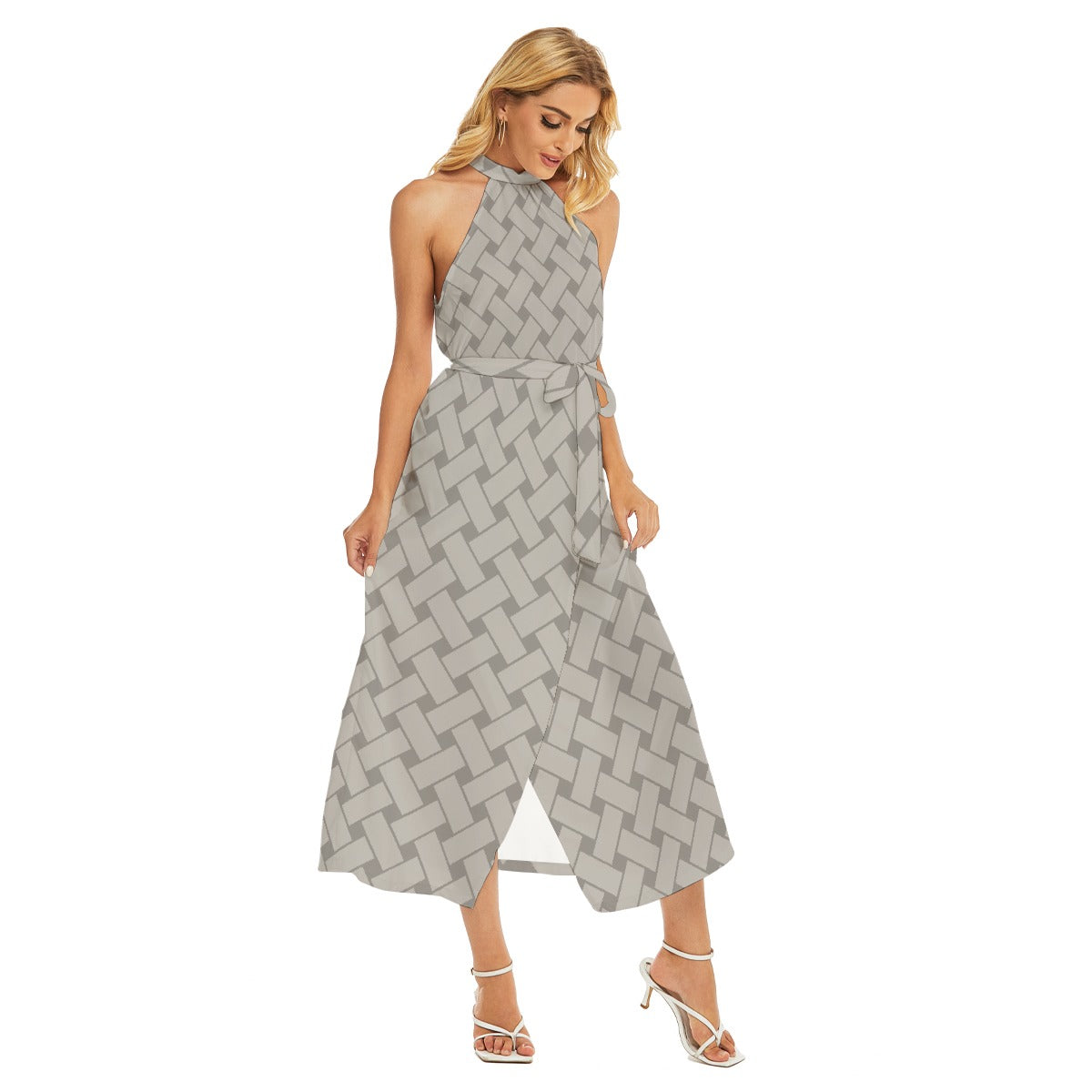 All-Over Print Women's Wrap Hem Belted Halter Dress