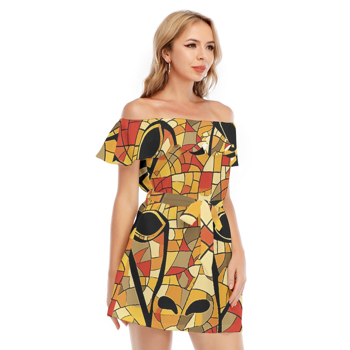 All-Over Print Women's Off-shoulder Dress With Ruffle