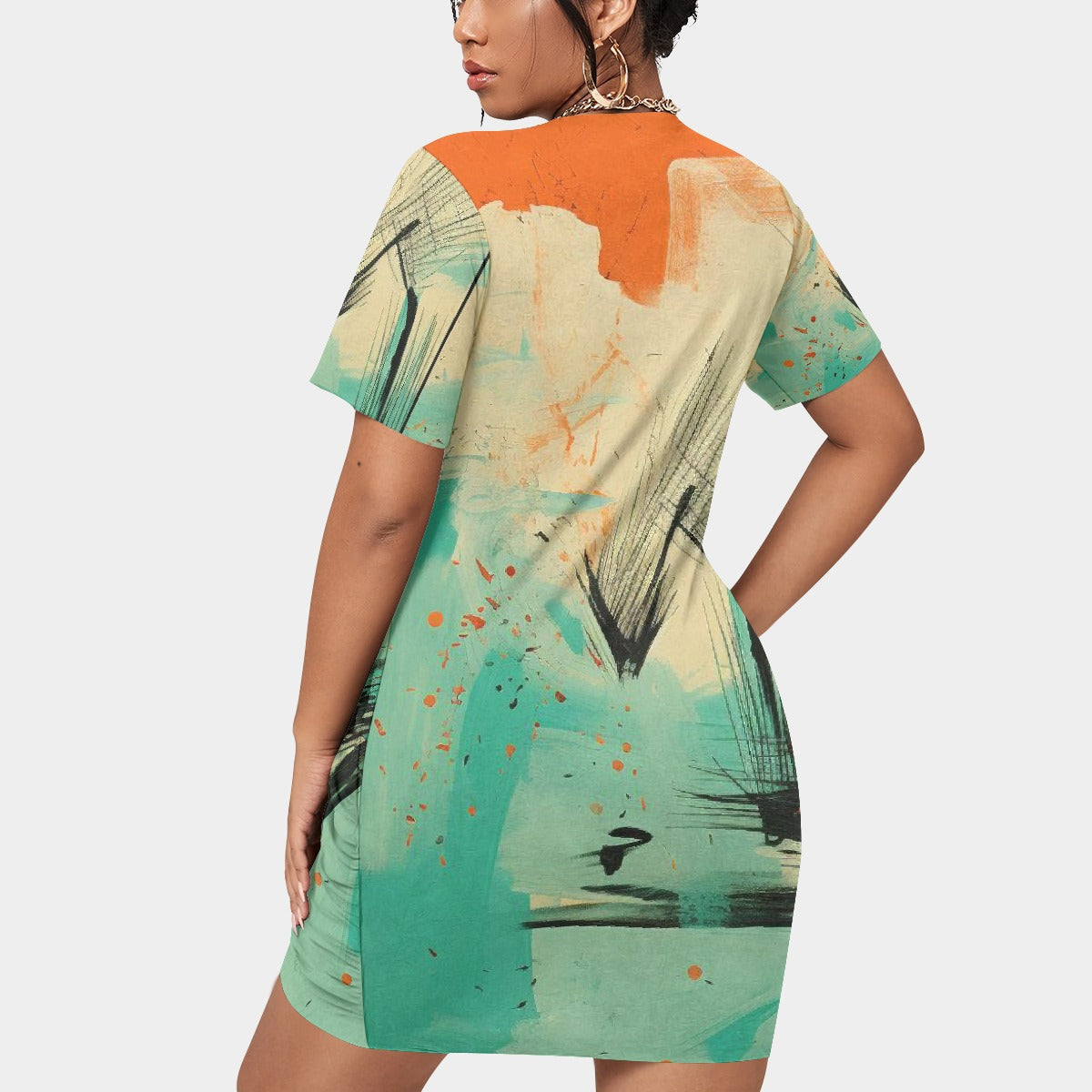 All-Over Print Women’s Stacked Hem Dress With Short Sleeve（Plus Size）