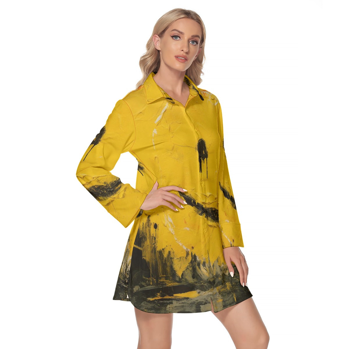 All-Over Print Women's Lapel Shirt Dress With Long Sleeve