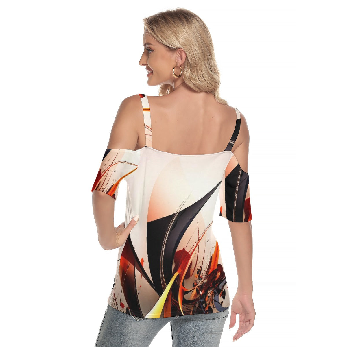 All-Over Print Women's Cold Shoulder T-shirt With Criss Cross Strips