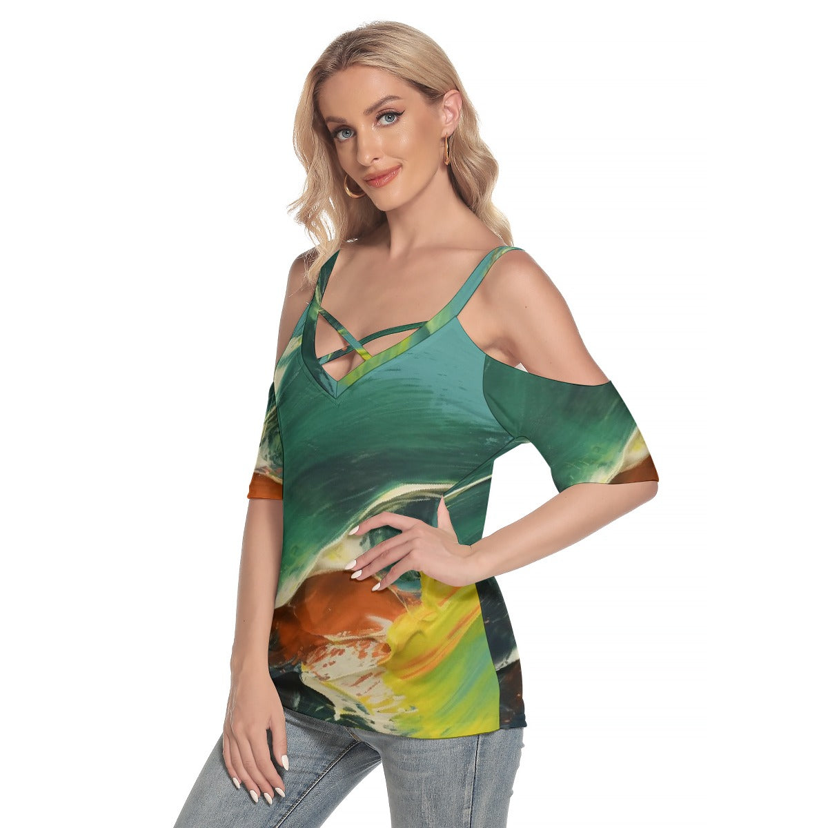 All-Over Print Women's Cold Shoulder T-shirt With Criss Cross Strips