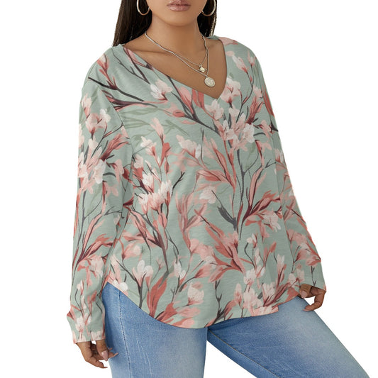 All-Over Print Women's V-neck T-shirt With Curved Hem(Plus Size)