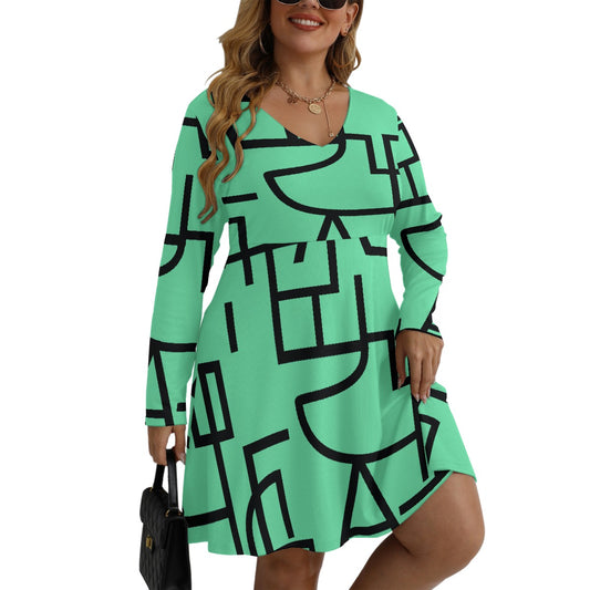 All-Over Print Women's V-neck Long Sleeve Dress(Plus Size)