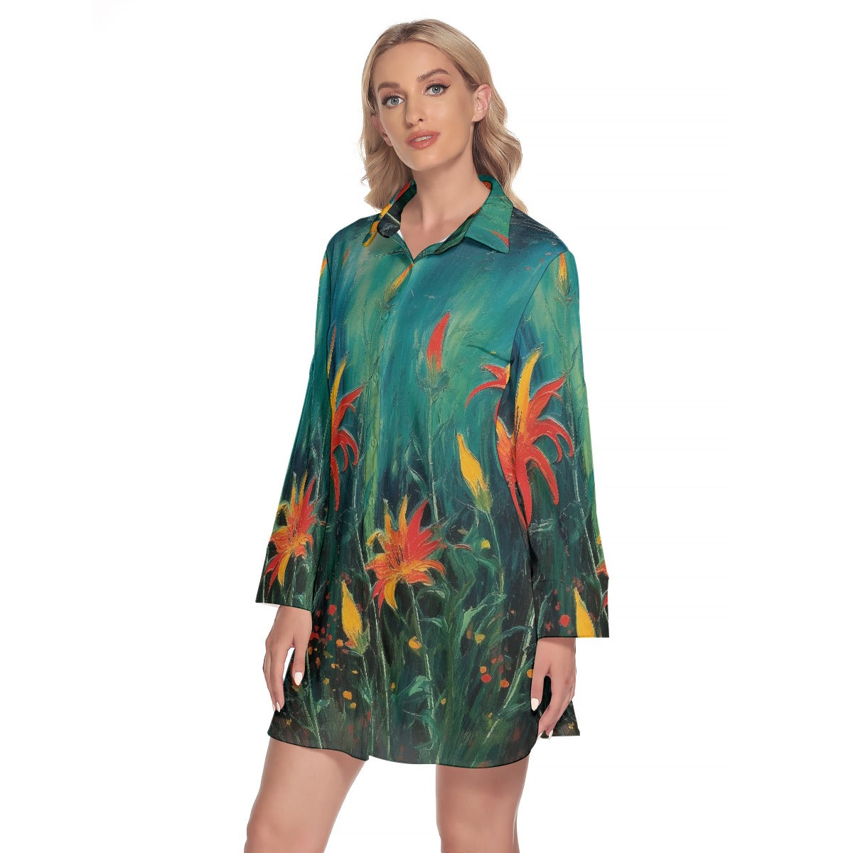 All-Over Print Women's Lapel Shirt Dress With Long Sleeve