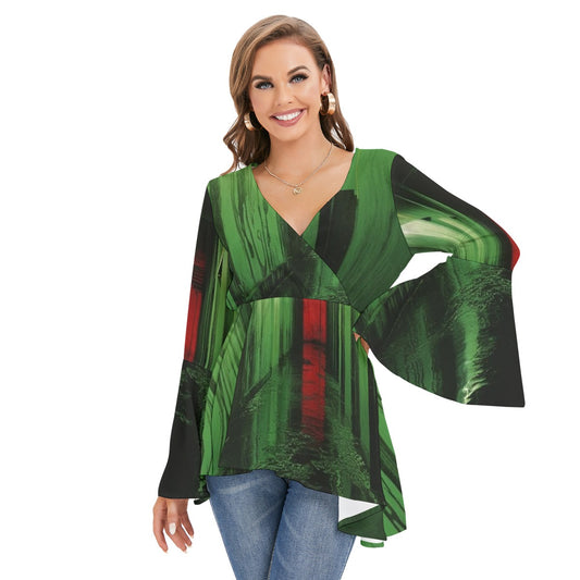 All-Over Print Women's V-neck Blouse With Flared Sleeves