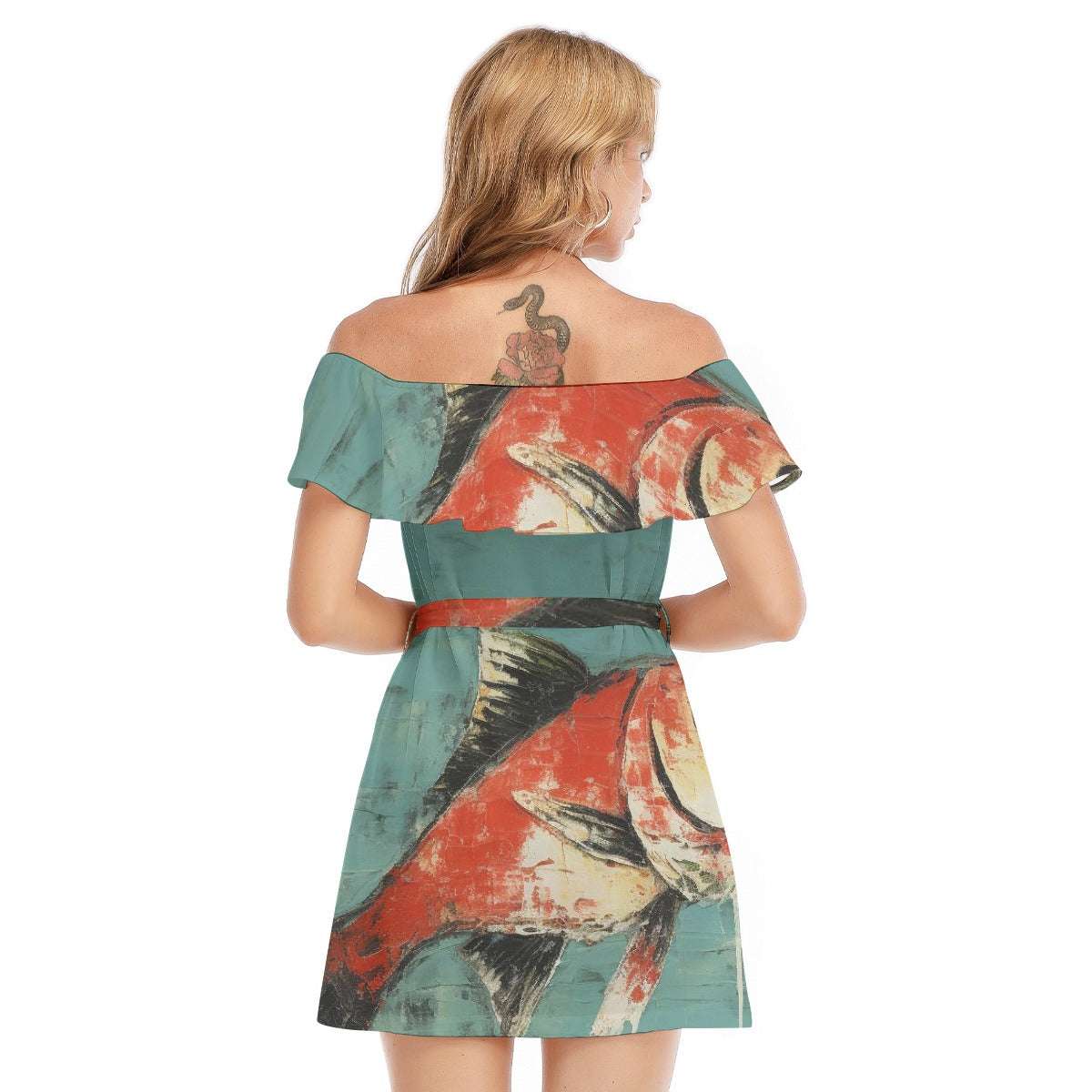 All-Over Print Women's Off-shoulder Dress With Ruffle