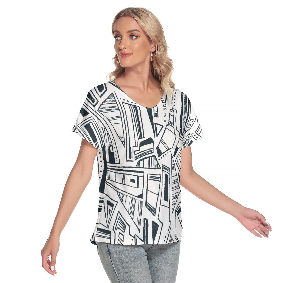 All-Over Print Women's Loose V-neck Short Sleeve T-shirt