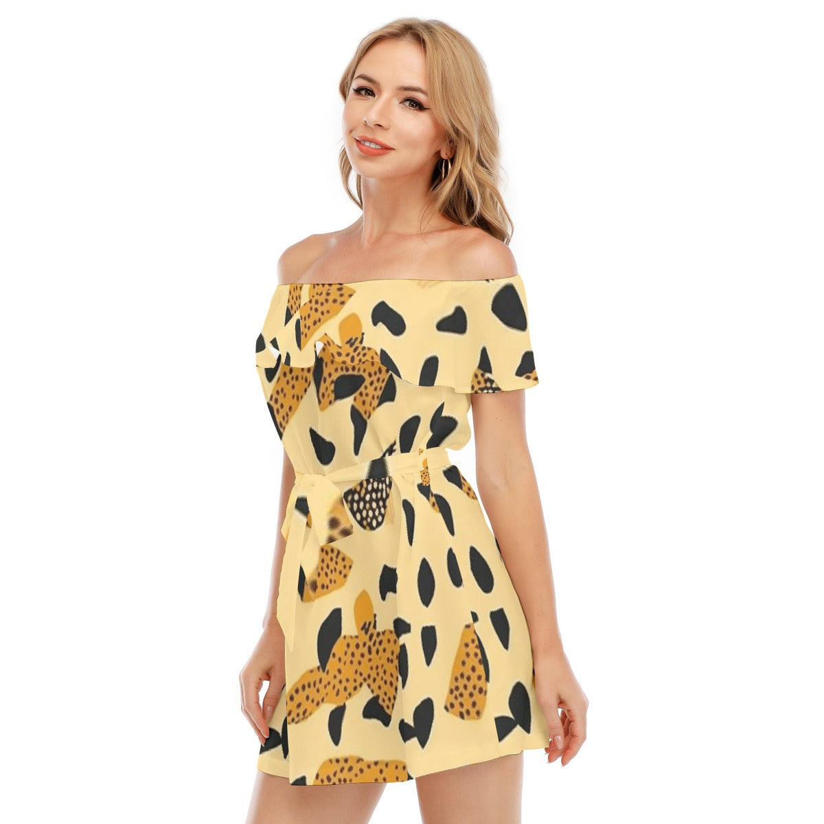 All-Over Print Women's Off-shoulder Dress With Ruffle