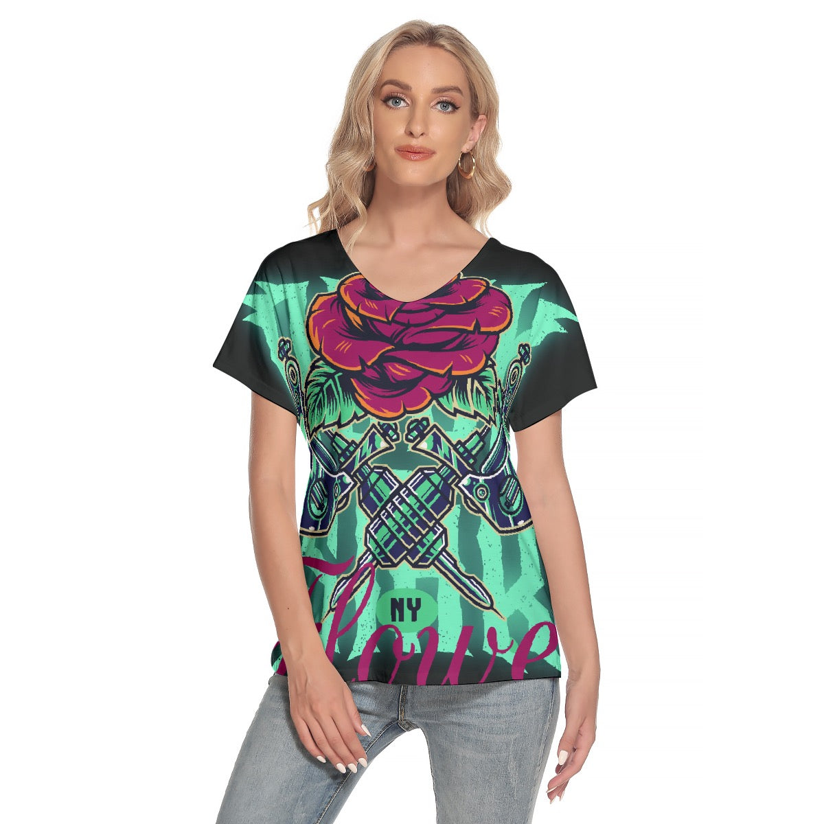 All-Over Print Women's Loose V-neck Short Sleeve T-shirt