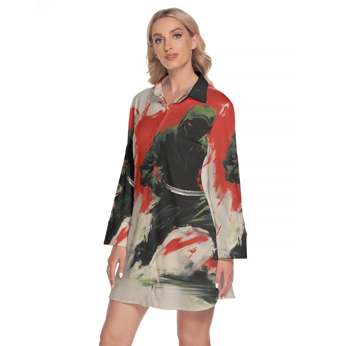 All-Over Print Women's Lapel Shirt Dress With Long Sleeve