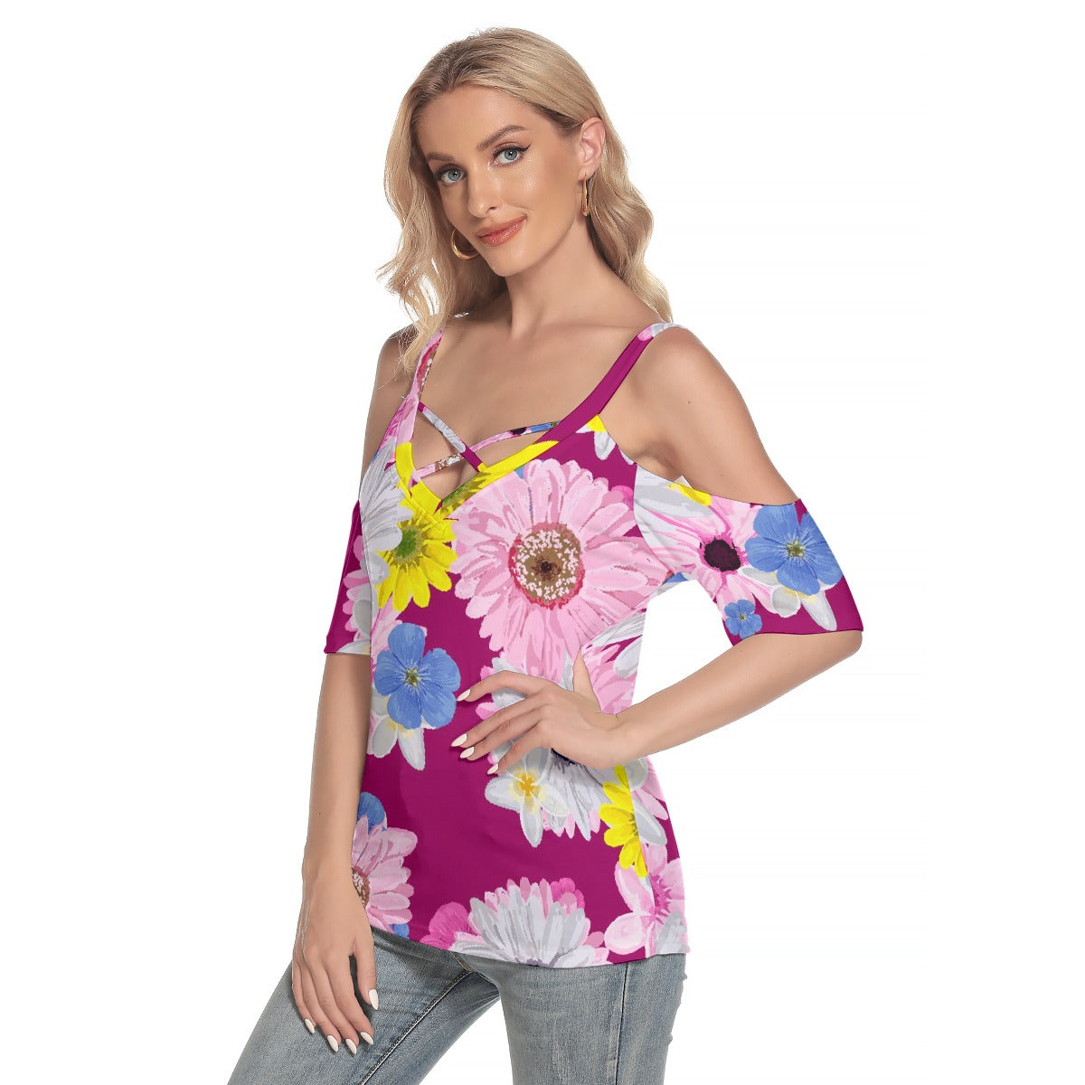 All-Over Print Women's Cold Shoulder T-shirt With Criss Cross Strips