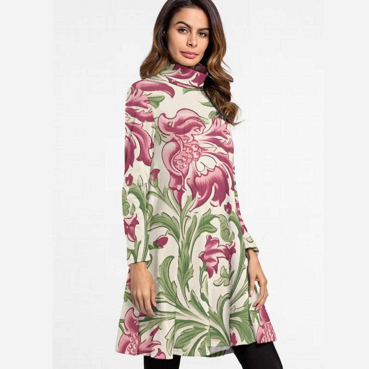 All-Over Print Women's High Neck Dress With Long Sleeve