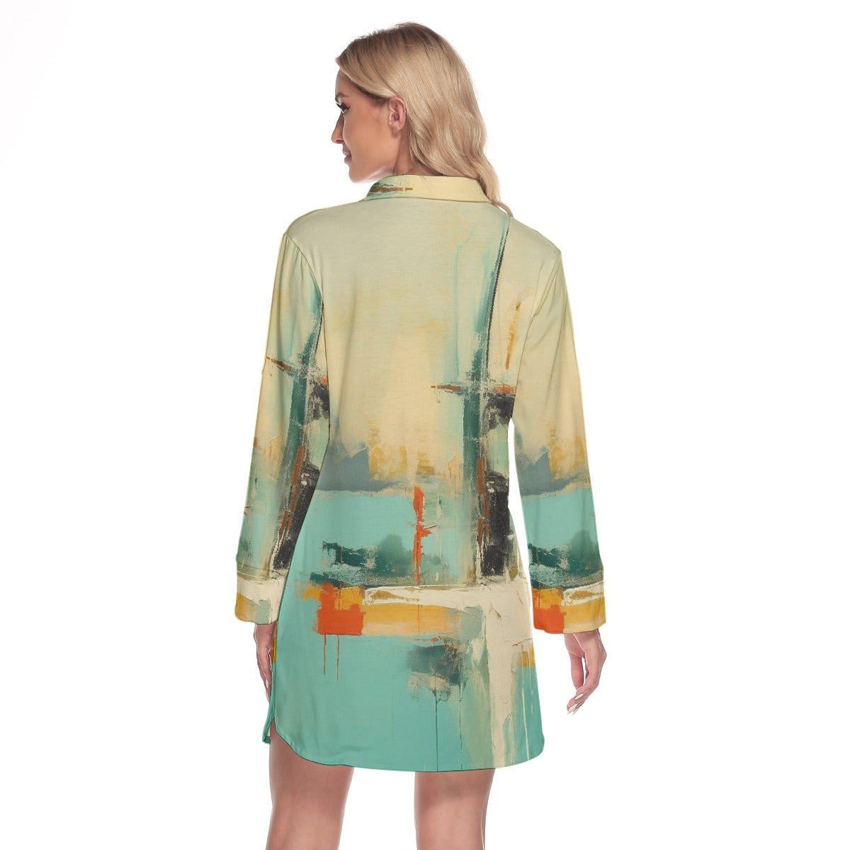 All-Over Print Women's Lapel Shirt Dress With Long Sleeve