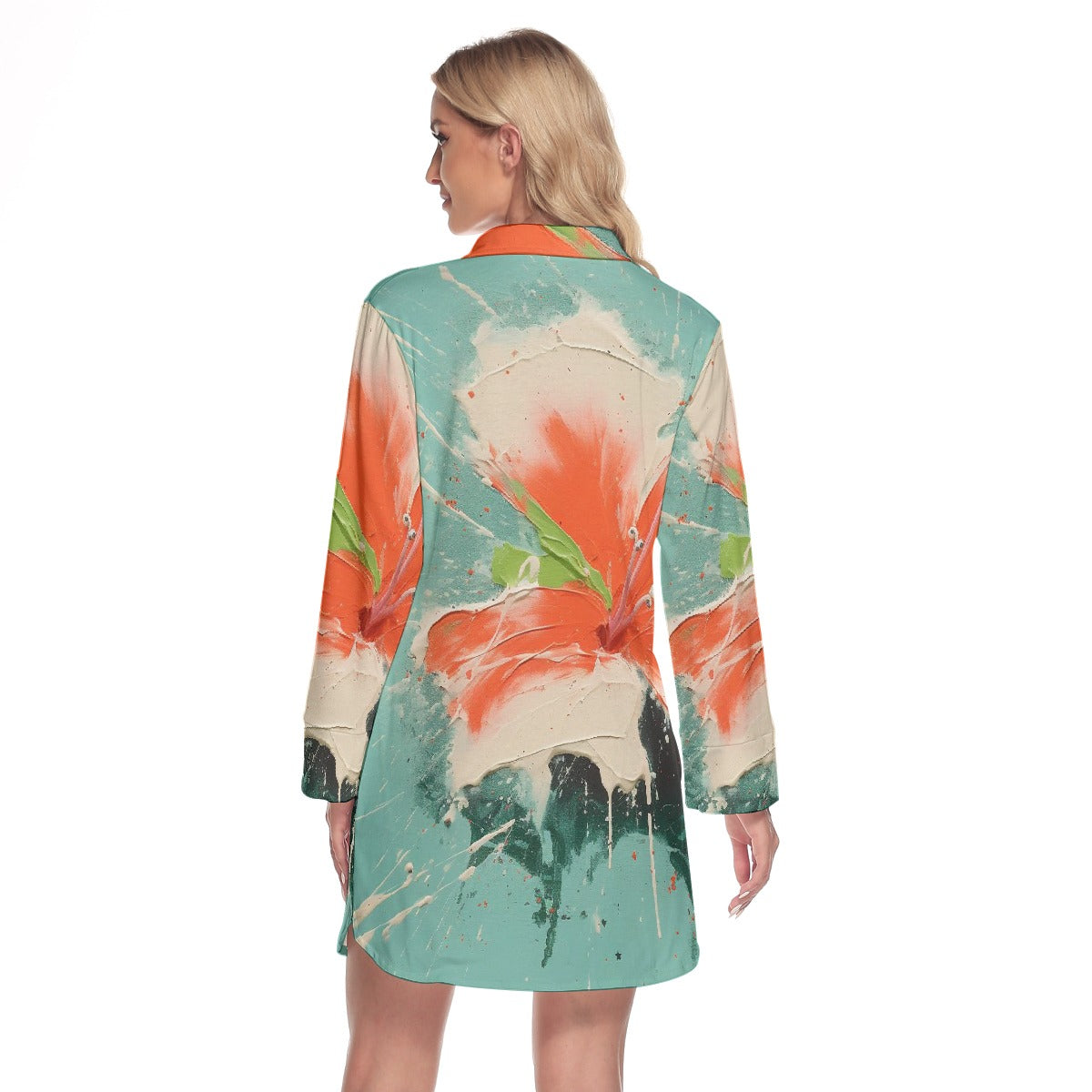 All-Over Print Women's Lapel Shirt Dress With Long Sleeve