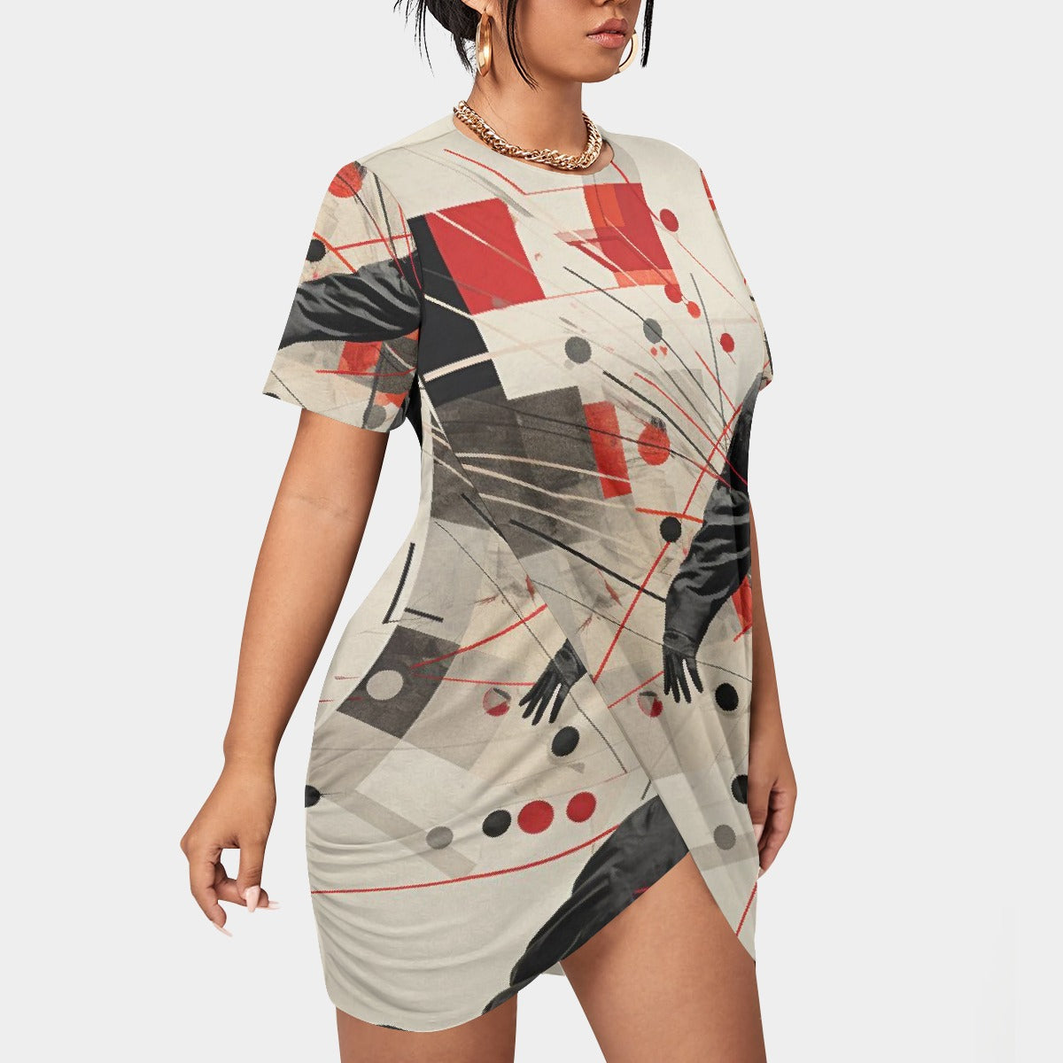 All-Over Print Women’s Stacked Hem Dress With Short Sleeve（Plus Size）