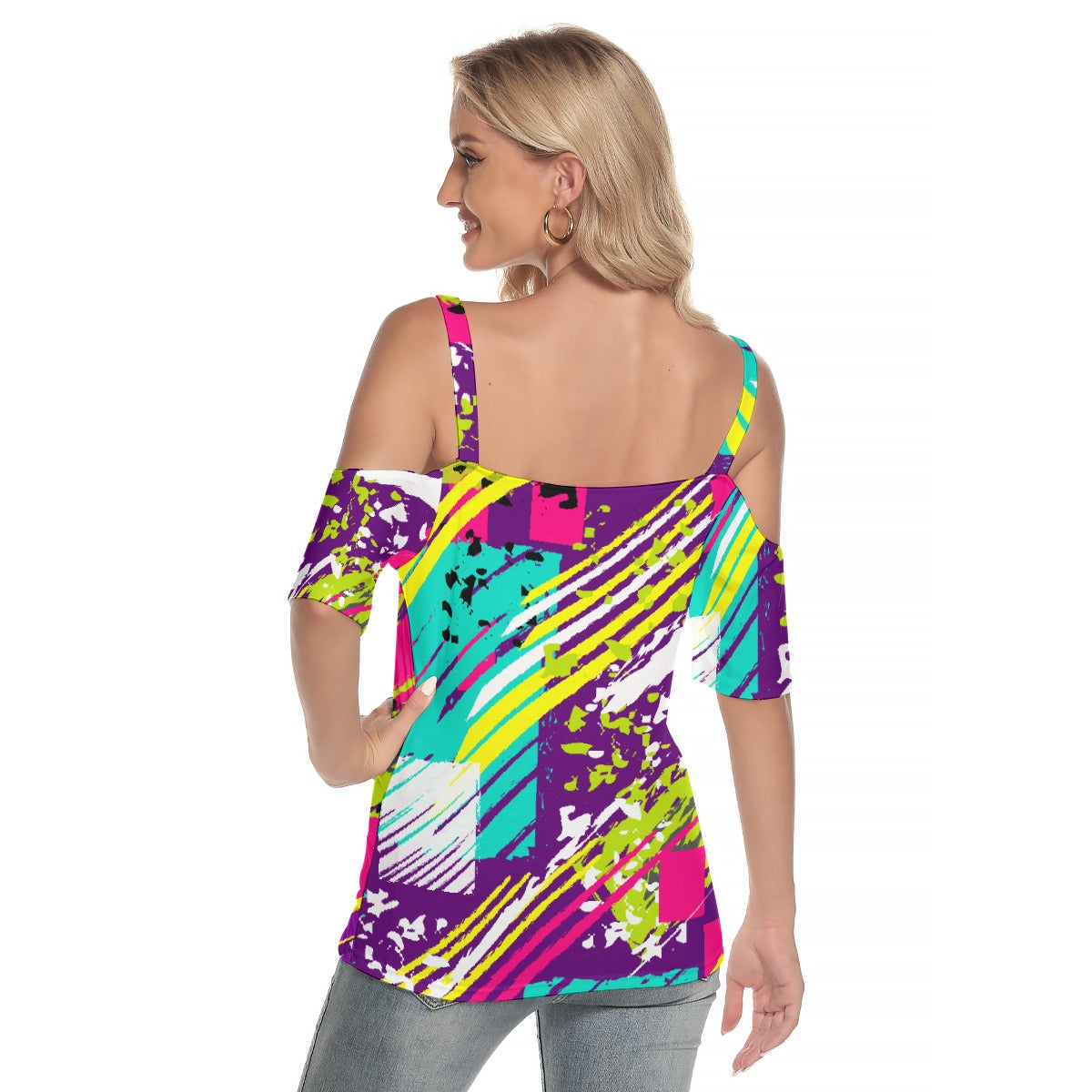 All-Over Print Women's Cold Shoulder T-shirt With Criss Cross Strips