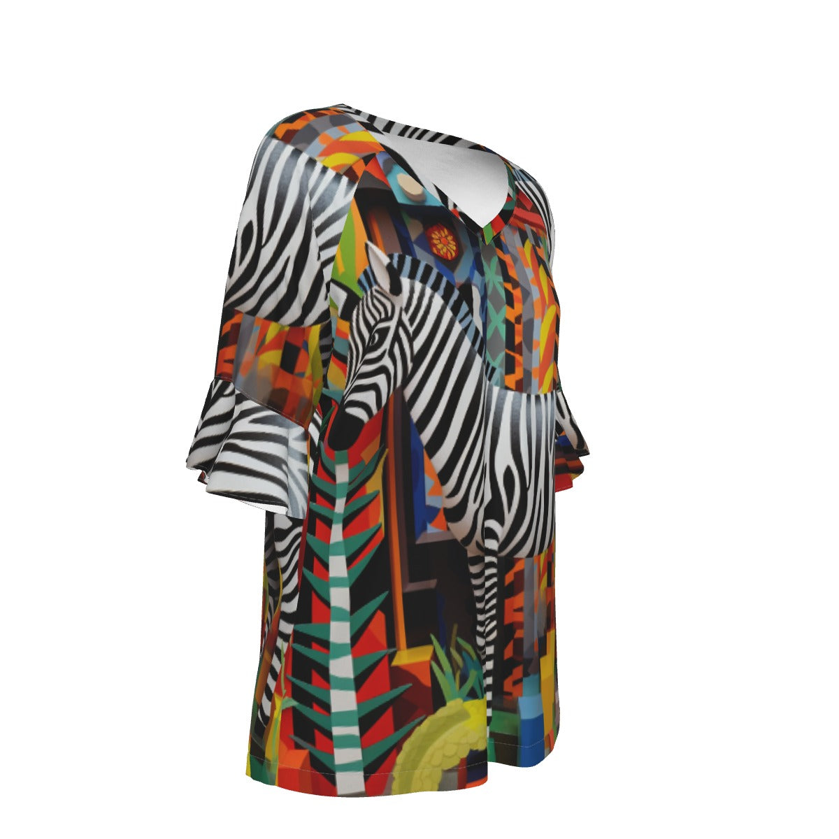 All-Over Print V-neck Women's T-shirt With Bell Sleeve