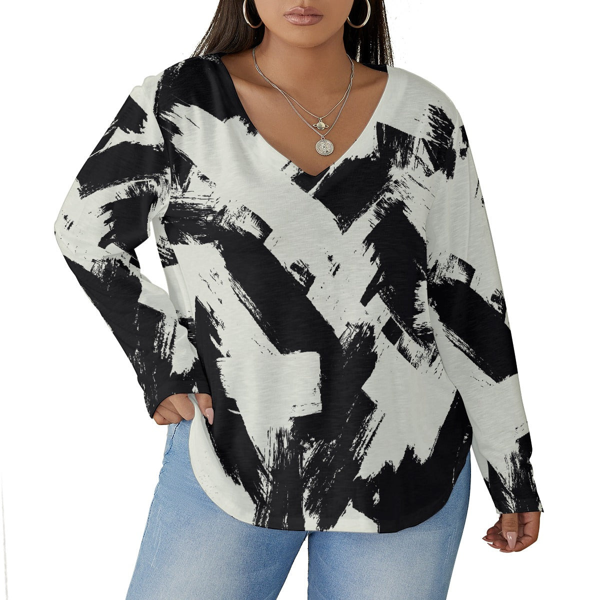 All-Over Print Women's V-neck T-shirt With Curved Hem(Plus Size)