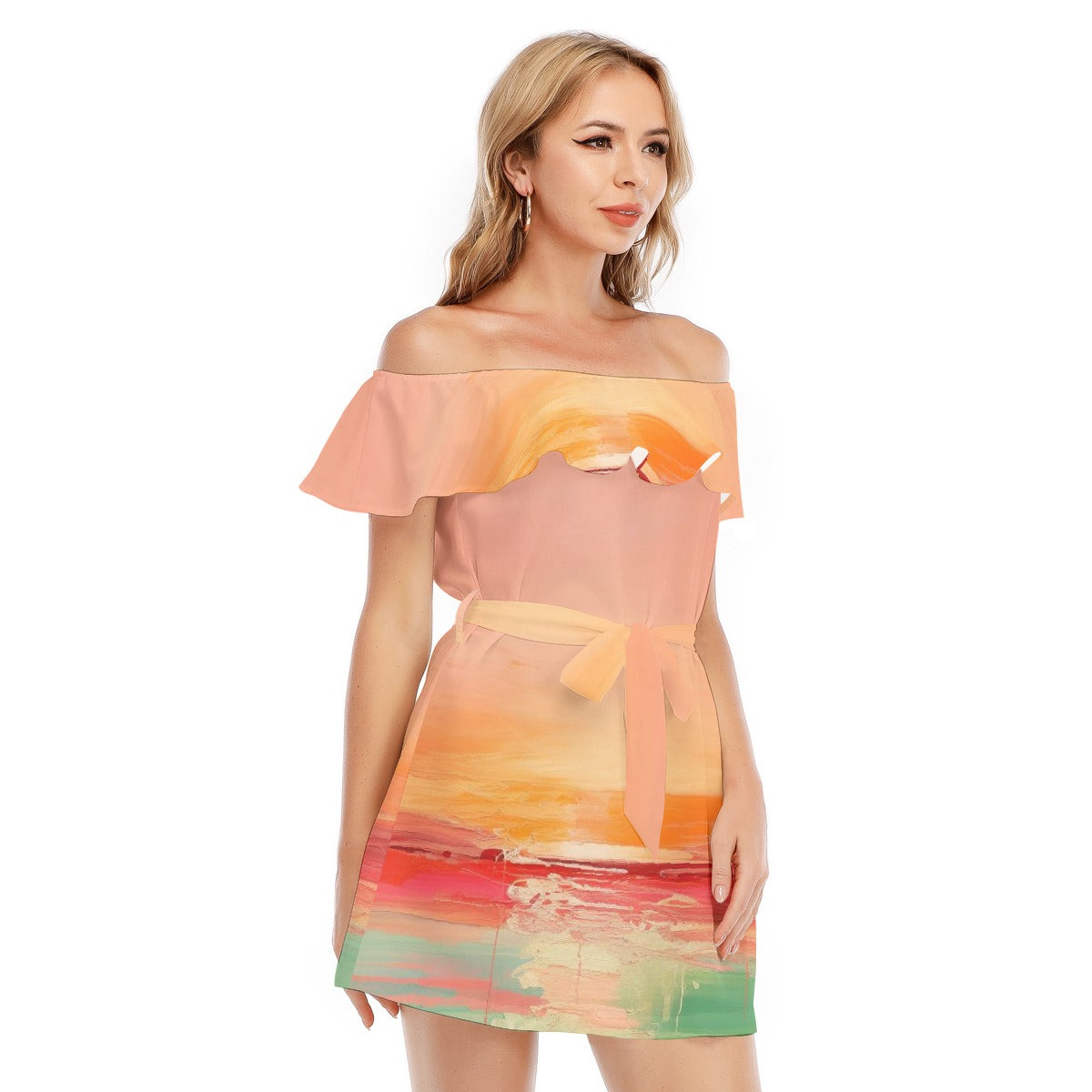 All-Over Print Women's Off-shoulder Dress With Ruffle