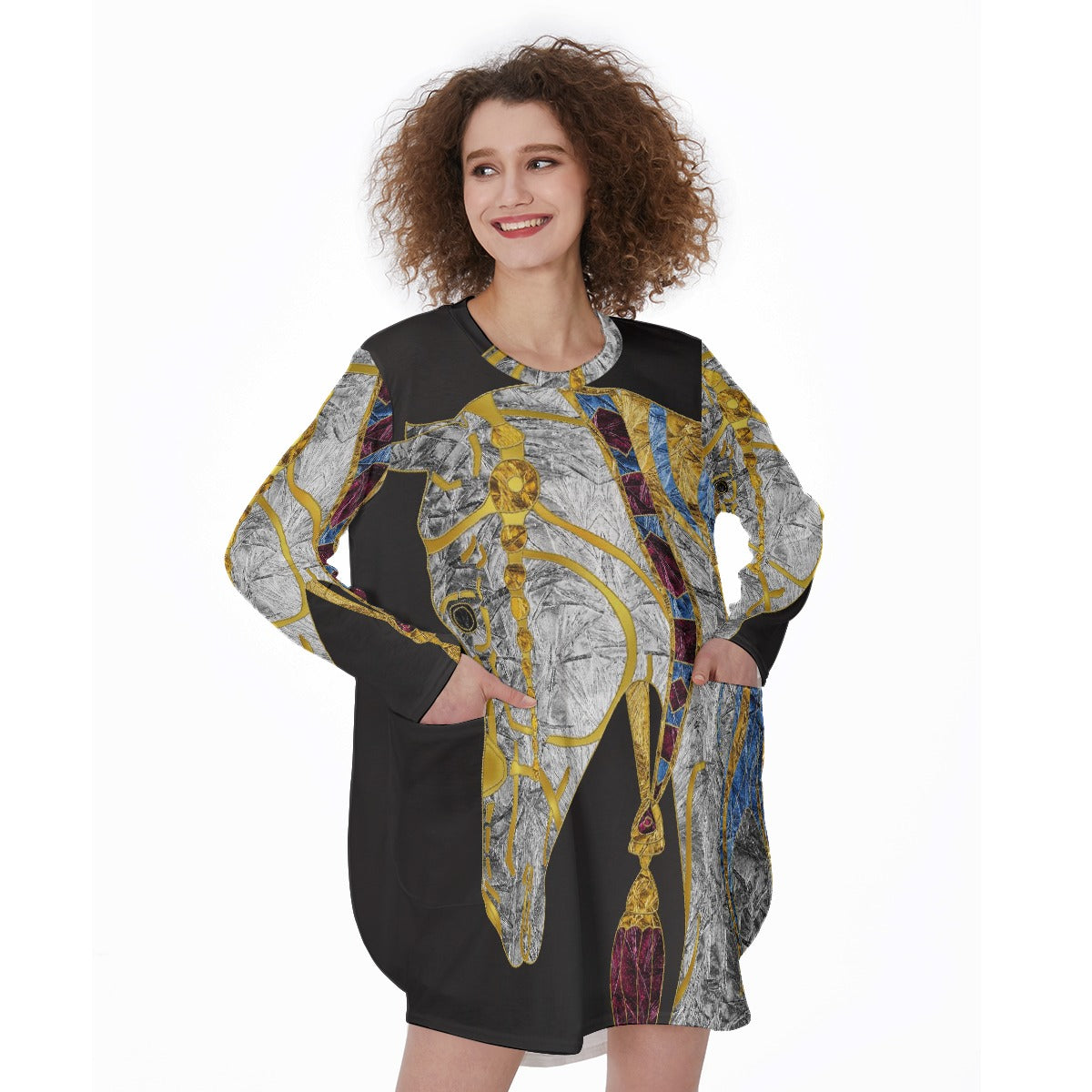 All-Over Print Women's Casual Loose Long Sleeve Dress With Pocket