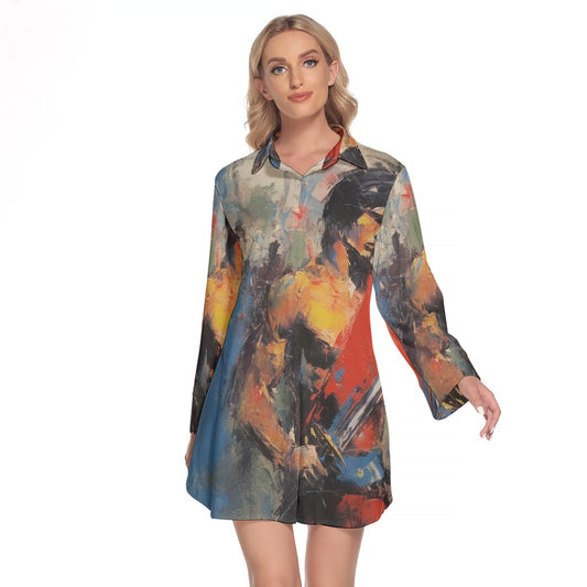 All-Over Print Women's Lapel Shirt Dress With Long Sleeve