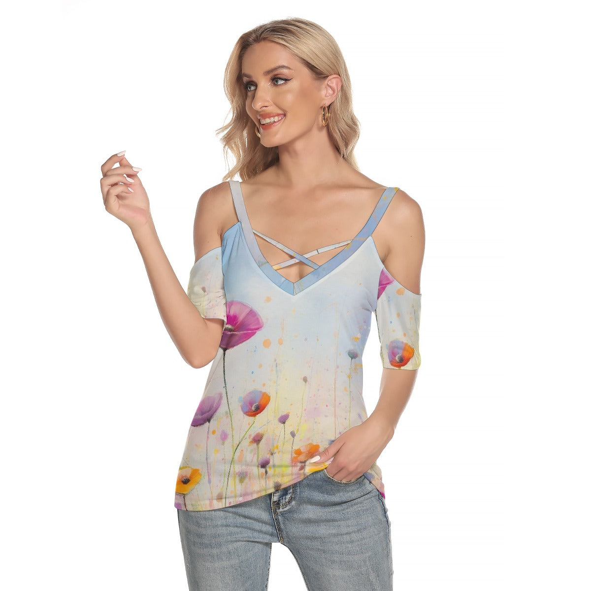 All-Over Print Women's Cold Shoulder T-shirt With Criss Cross Strips