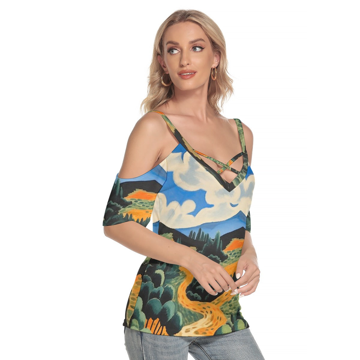 All-Over Print Women's Cold Shoulder T-shirt With Criss Cross Strips