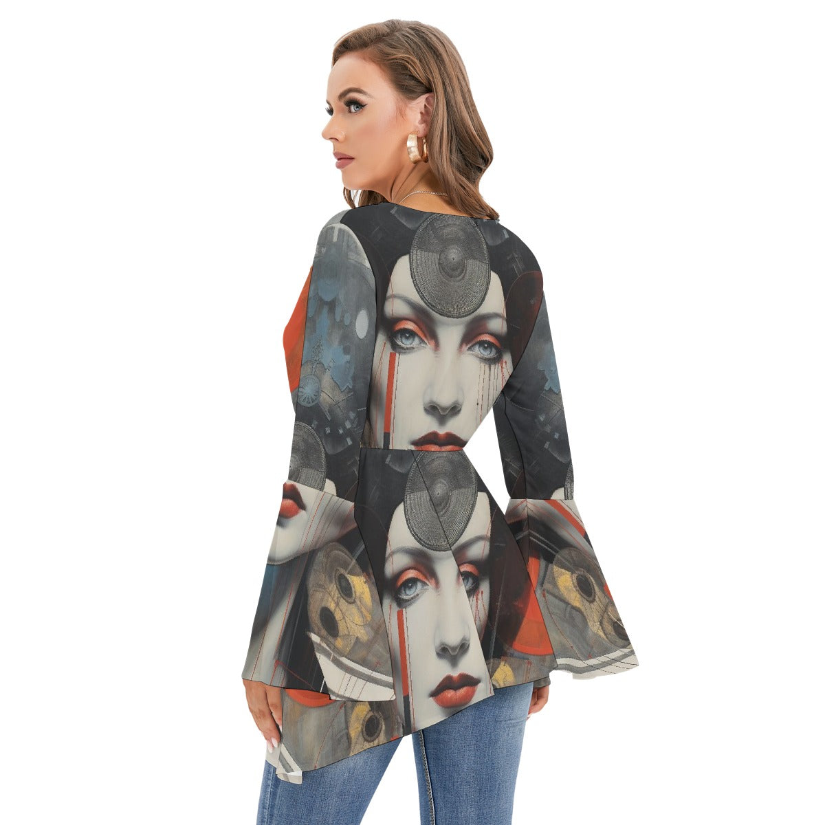 All-Over Print Women's V-neck Blouse With Flared Sleeves