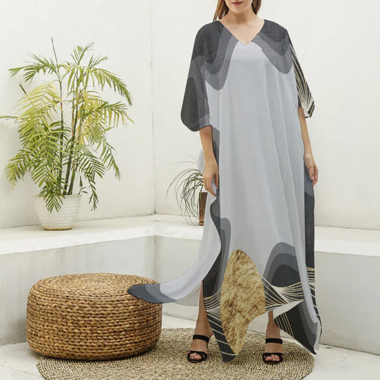 All-Over Print Women's Imitation Silk V-neck Kaftan Robe