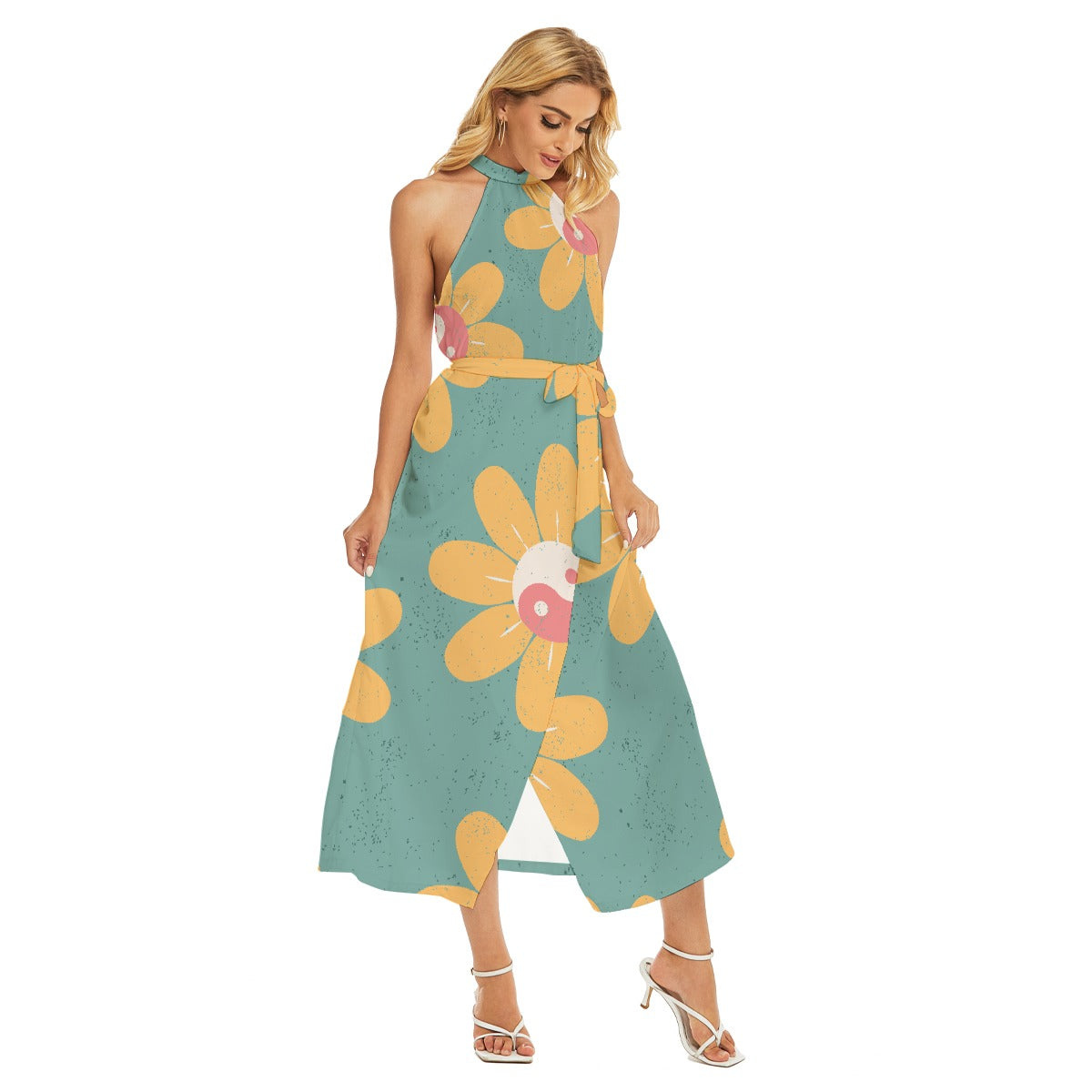 All-Over Print Women's Wrap Hem Belted Halter Dress