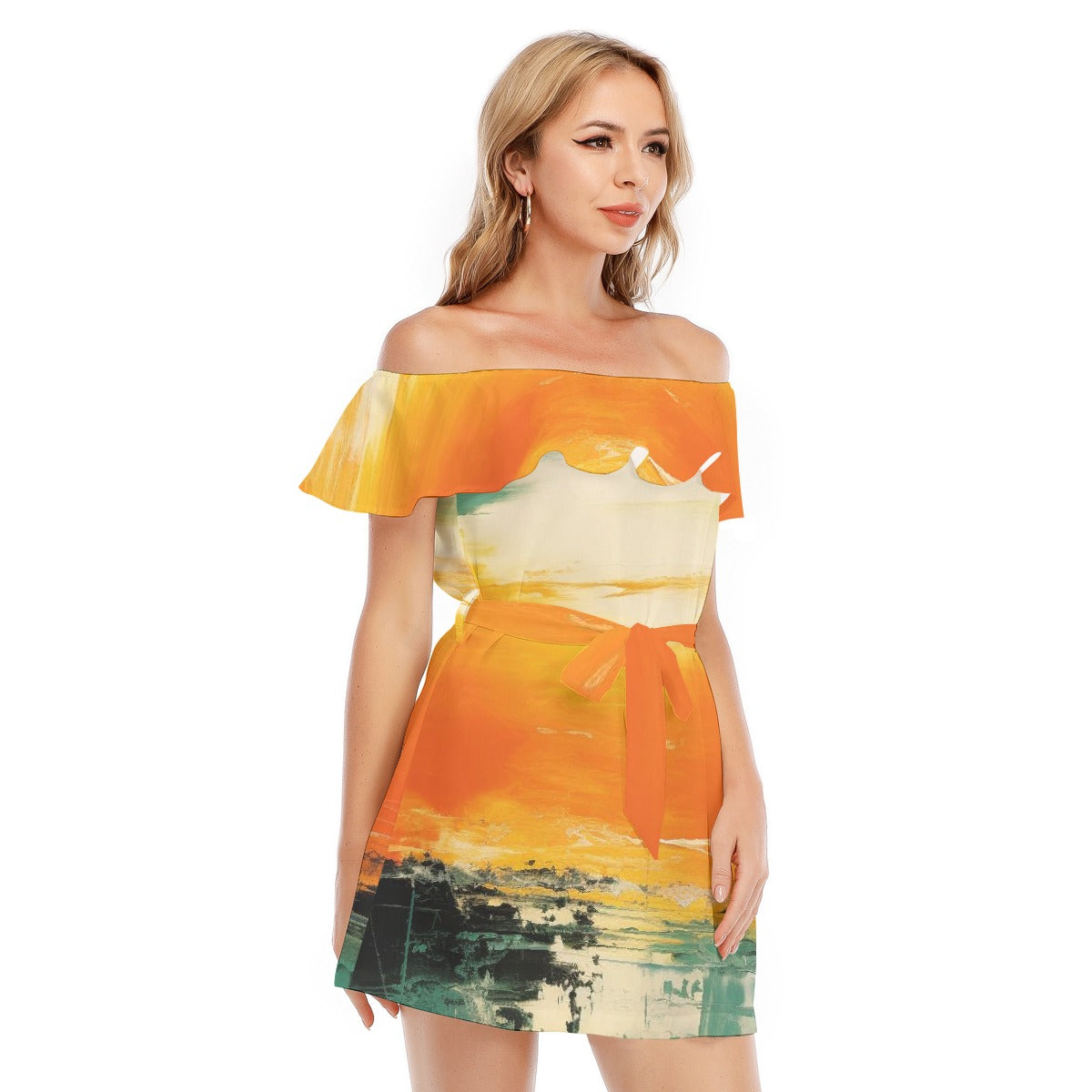 All-Over Print Women's Off-shoulder Dress With Ruffle