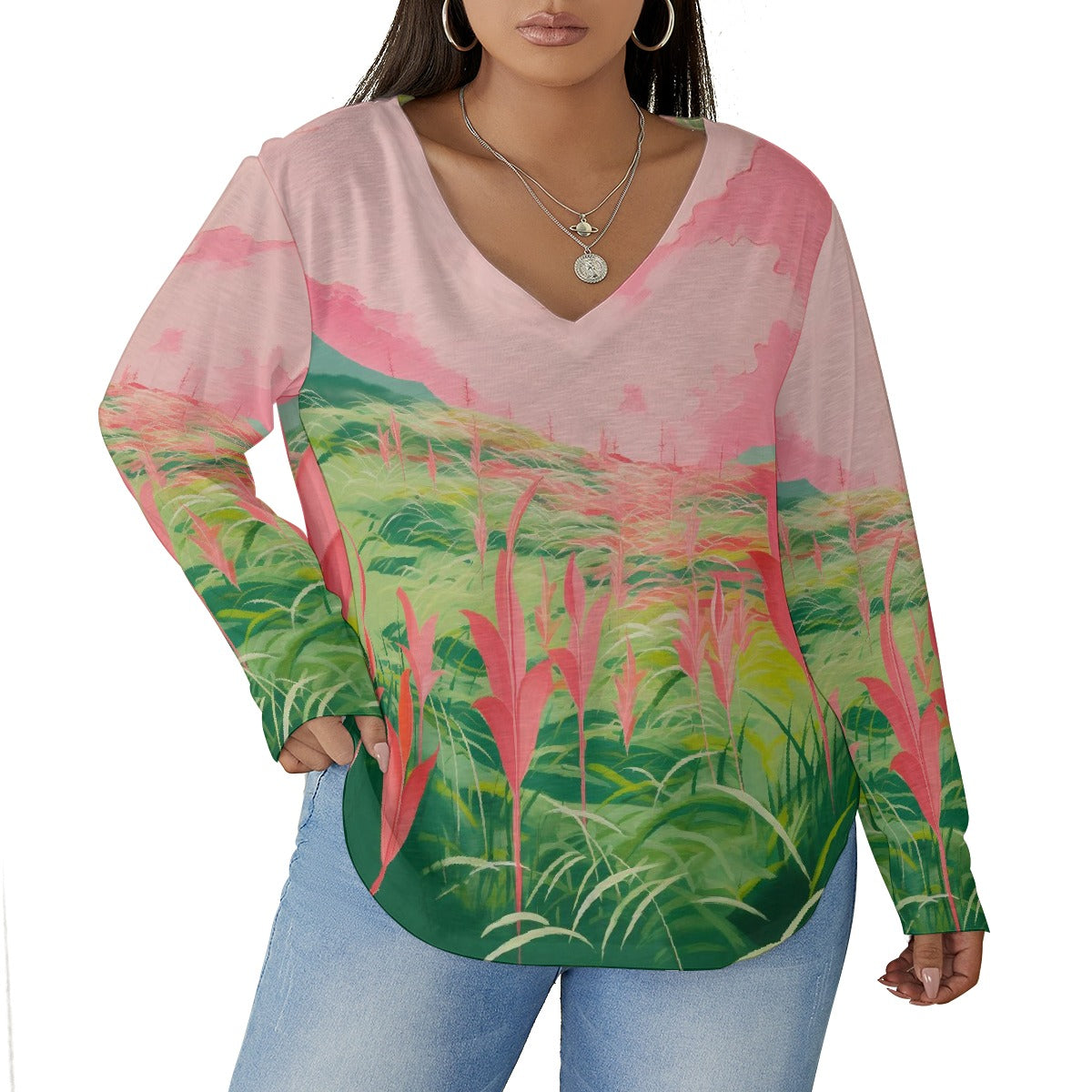 All-Over Print Women's V-neck T-shirt With Curved Hem(Plus Size)