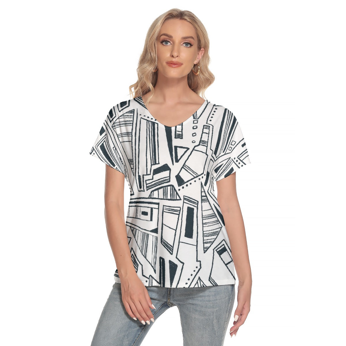 All-Over Print Women's Loose V-neck Short Sleeve T-shirt