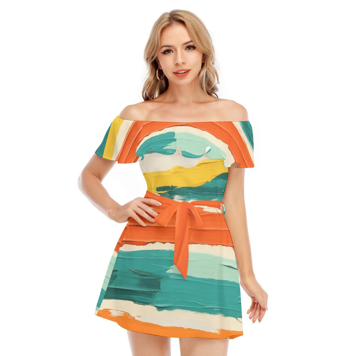 All-Over Print Women's Off-shoulder Dress With Ruffle