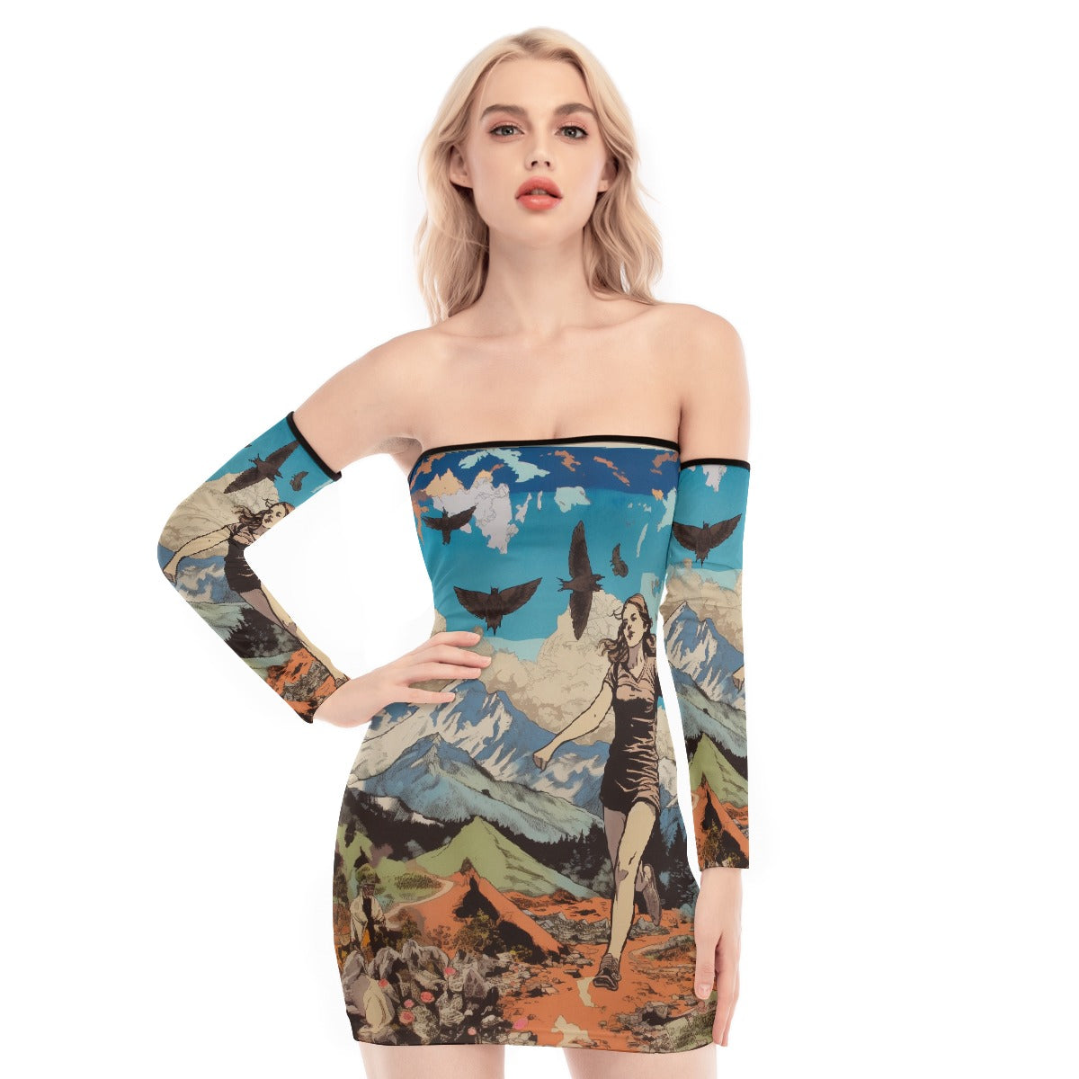 All-Over Print Women's Off-shoulder Back Lace-up Dress