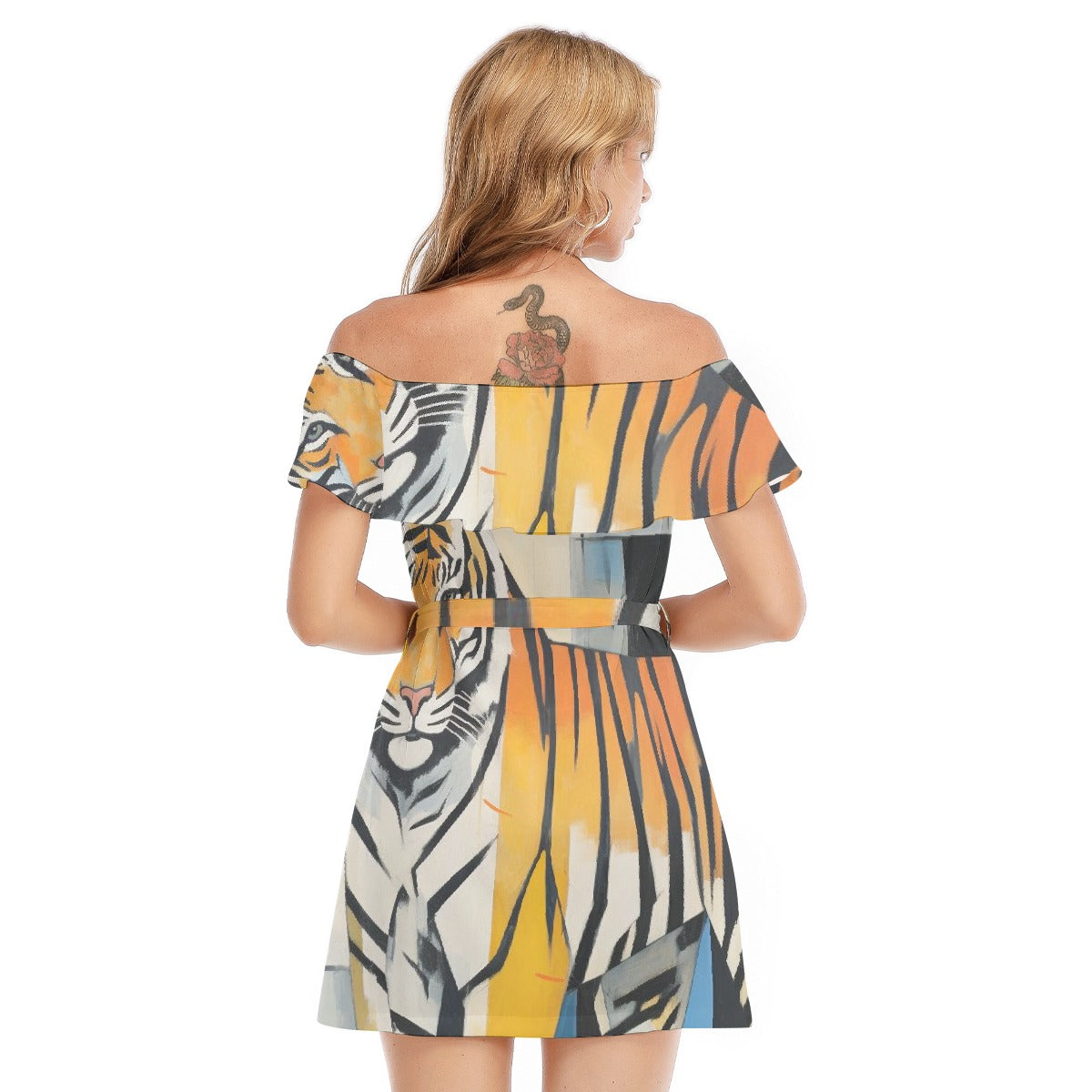 All-Over Print Women's Off-shoulder Dress With Ruffle