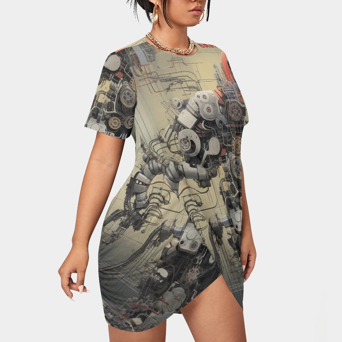 All-Over Print Women’s Stacked Hem Dress With Short Sleeve（Plus Size）