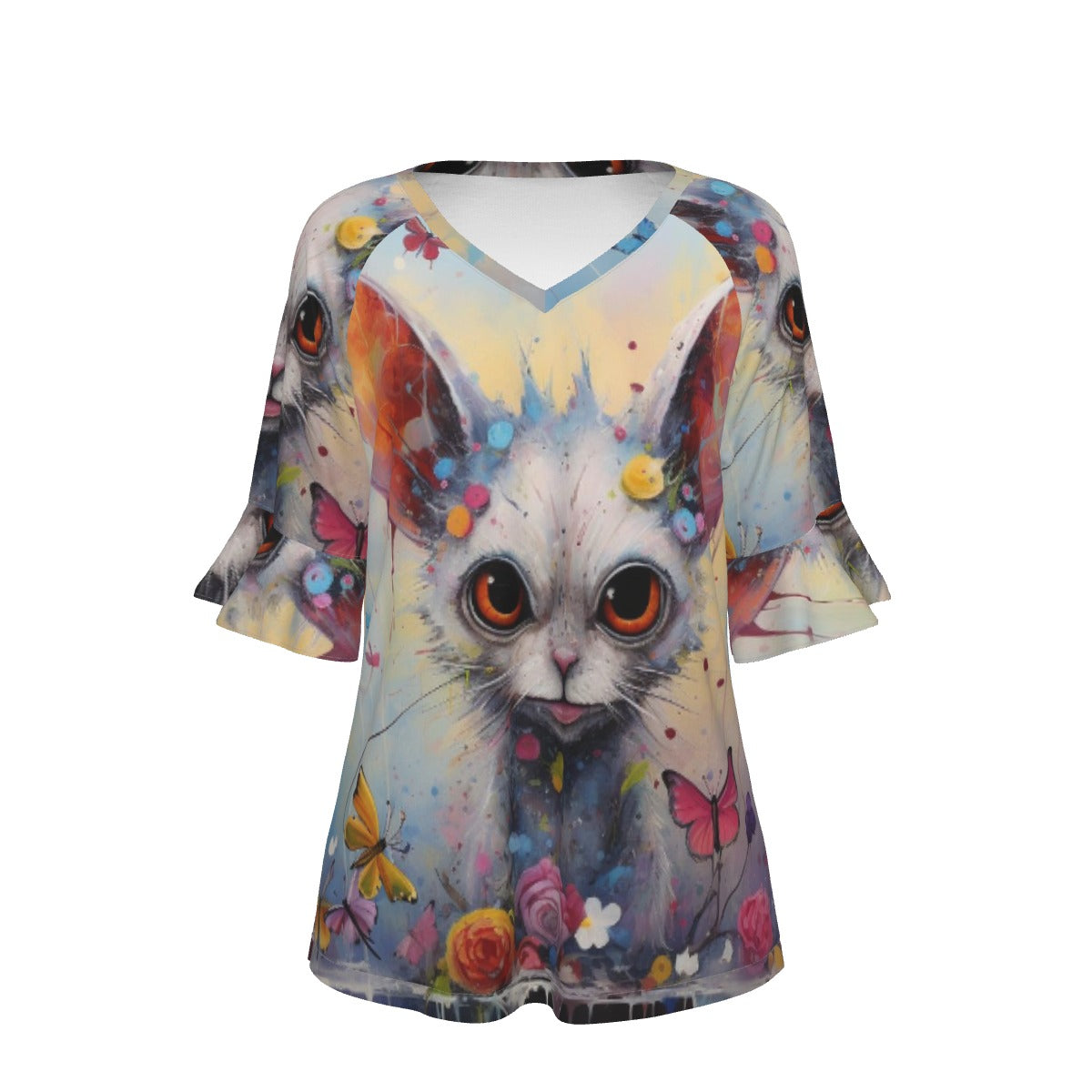 All-Over Print V-neck Women's T-shirt With Bell Sleeve