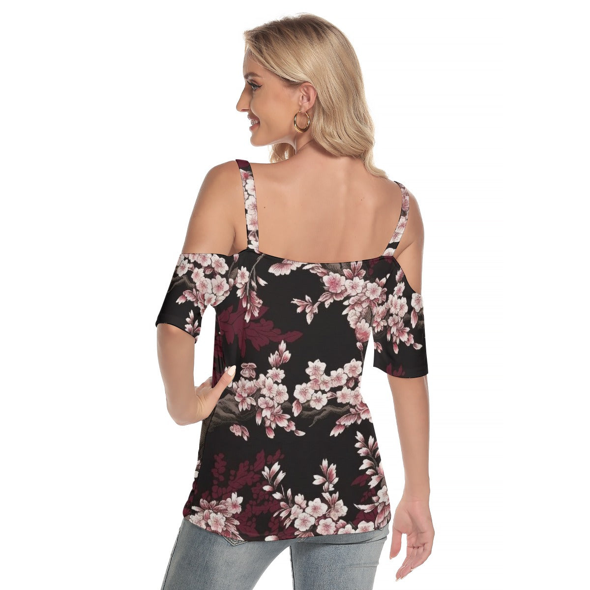 All-Over Print Women's Cold Shoulder T-shirt With Criss Cross Strips