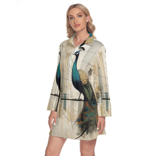 All-Over Print Women's Lapel Shirt Dress With Long Sleeve