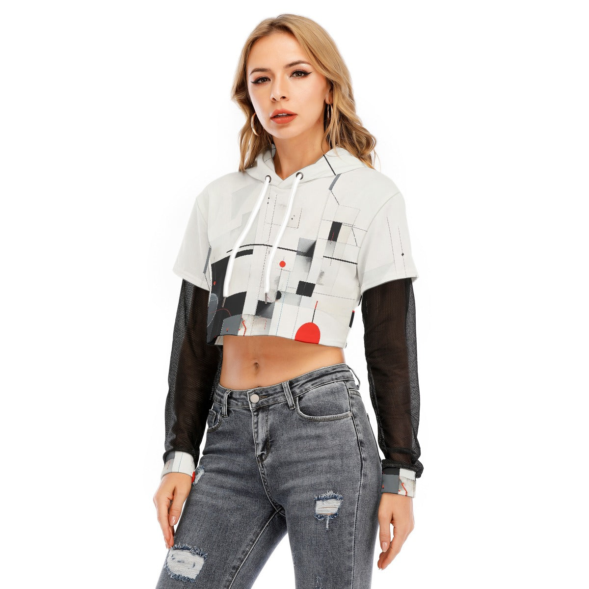 All-Over Print Women's Fake Two-piece Mesh Sleeve Cropped Hoodie