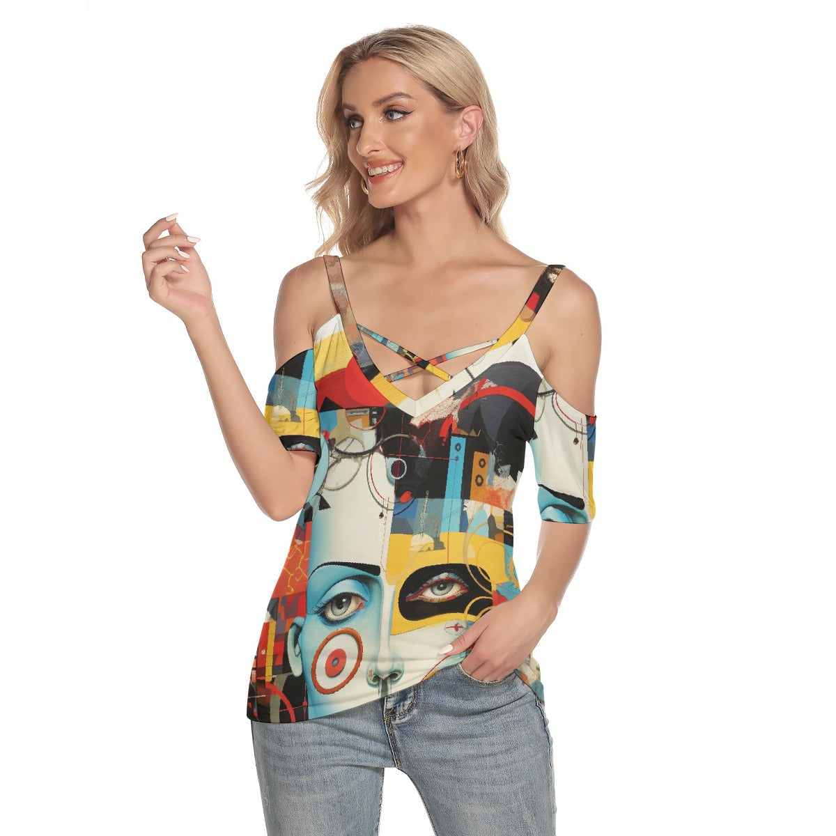 All-Over Print Women's Cold Shoulder T-shirt With Criss Cross Strips