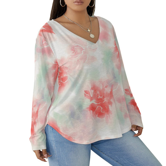 All-Over Print Women's V-neck T-shirt With Curved Hem(Plus Size)